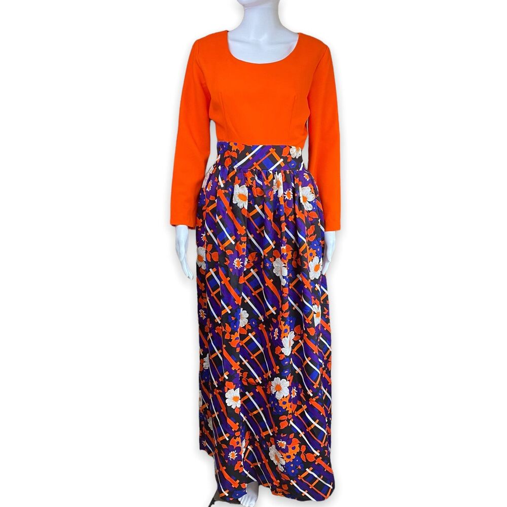 Vintage PERRI Montreal 60s-70s Mod Maxi Dress Floral Colorblock Size M